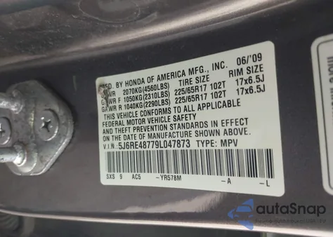 2009 Honda Cr-V Ex-L from USA, damaged, VIN 5J6RE48779L047873